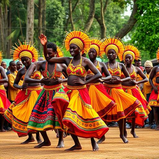 A group of Ugandan dancers performing a traditional dance with colorful costumes