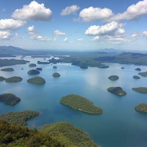 A panoramic view of Lake Bunyonyi with its many small islands