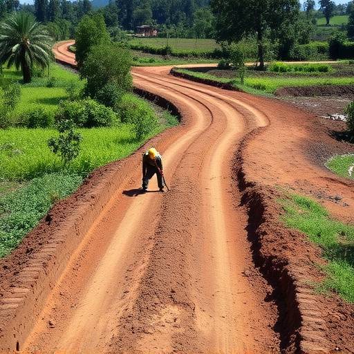 Construction workers building a new road in rural Uganda