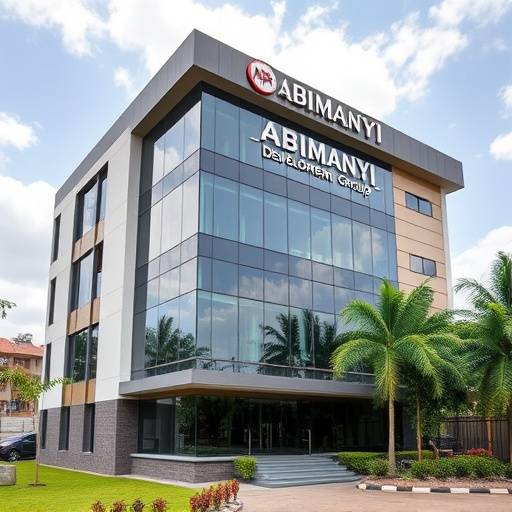 Exterior view of the Abimanyi Development Group headquarters, a modern office building in Kampala
