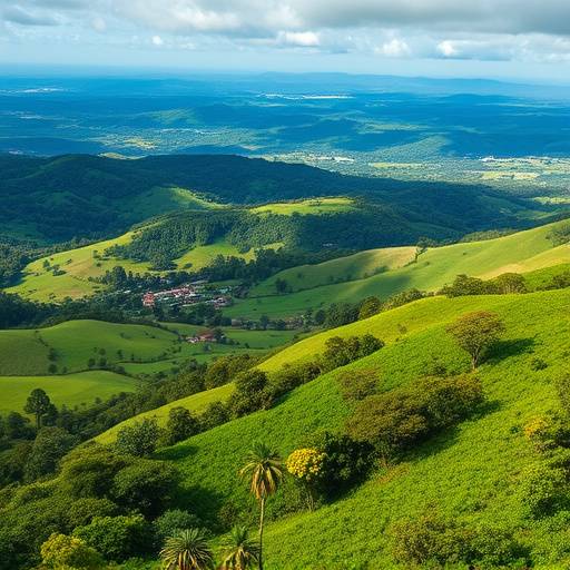 Panoramic view of a Ugandan landscape with lush greenery and rolling hills